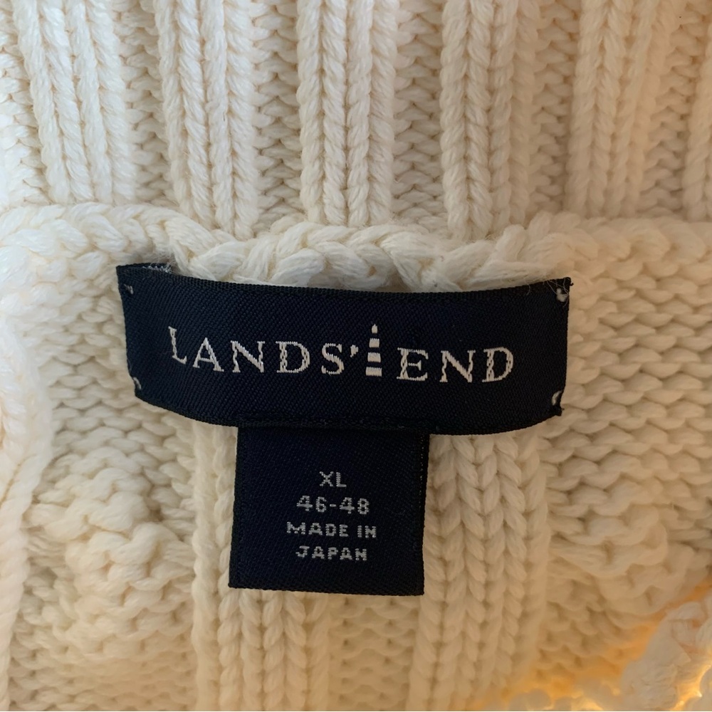 Vintage 90s Lands' End Cream Cotton Cable Knit Turtleneck Sweater Made in Japan - Picture 4 of 6